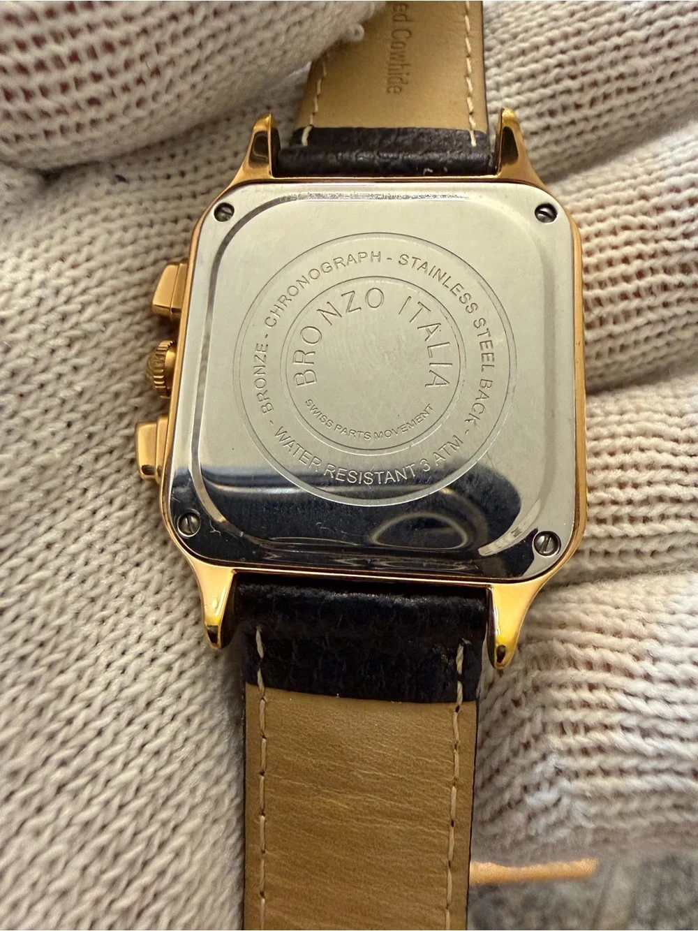Bronzo Italia Chronograph Watch Square Bronze Roman Numeral Black Leather